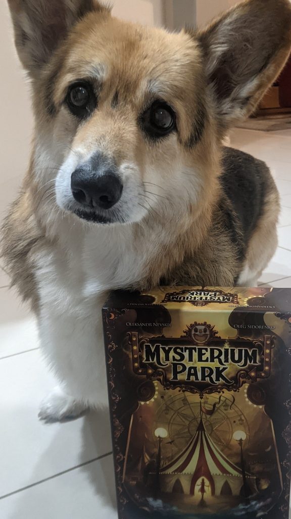 Chester the corgi standing behind the Mysterium Park box.